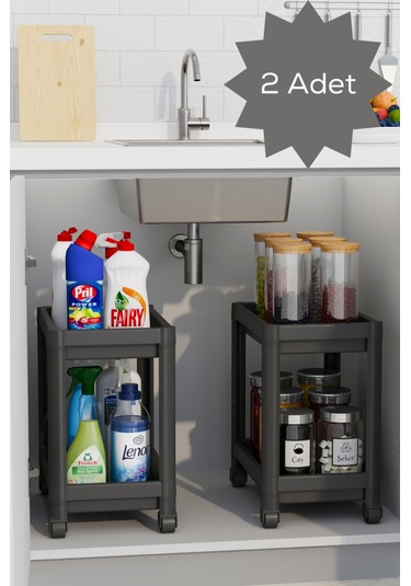 Mithra Life 2 Adet 2 Katlı Tekerlekli Tezgah Altı Siyah Banyo Mutfak Rafı Mıt1122 Siyah