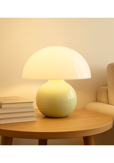 Modern Burhi Abajur Krem Mantar Masa Lambası Metal Şapka Metal Gövde Krem