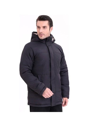 Erkek İçi Kürklü Çıkma Kapüşon Su Ve Rüzgar Geçirmez Kapüşonlu Kışlık Mont & Kaban & Parka Siyah