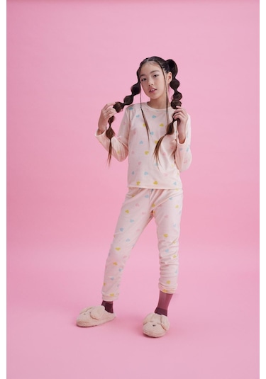 Luess Kız Çocuk Termal Soft Pembe Kalpli Pijama Takımı-Pembe