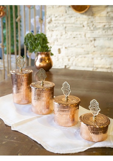 Bakır Baharat Takımı 4 Lü Tırtıklı Model Parlak Bakır