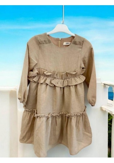 Kız Çocuk Pamuklu Mevsimlik Astarlı Fırfırlı Bol Elbise-14441 Bej