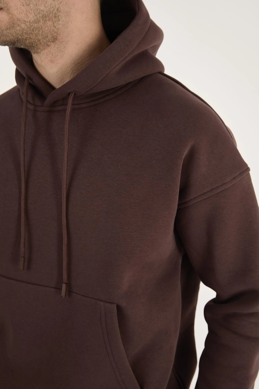 Q-4008 Kapüşonlu Üç İp Şardonlu Sweat Kahverengi