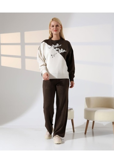 Renk Bloklu Triko Takım Kahverengi - Taş