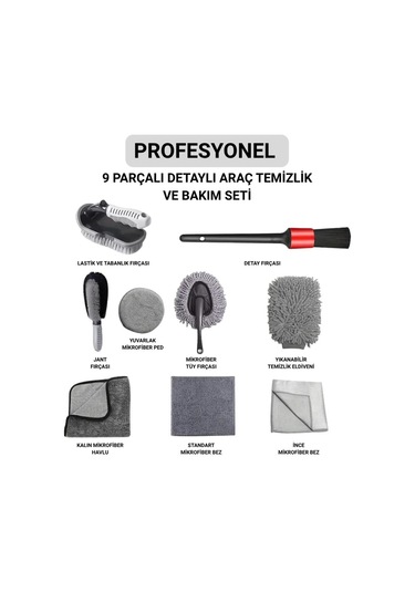 Polham Profesyonel 9 Parçalı Araba, Motorsiklet İçin Detaylı Araç Temizlik Ve Bakım Seti, İç Ve Dış Bakım Seti