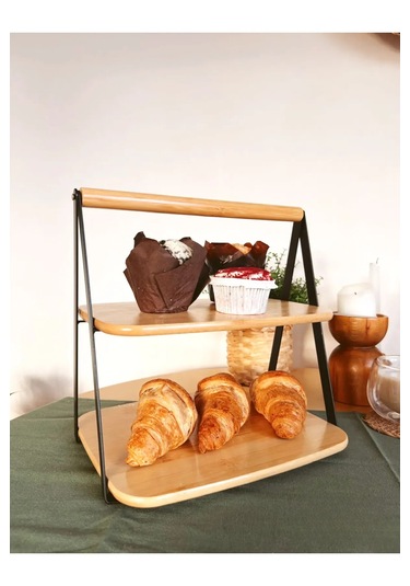 Metal Yan Çerçeveli Bambu 2 Katlı Sunumluk Şık Ve Dayanıklı Mutfak Düzenleyici 33,5 Cm Bambu