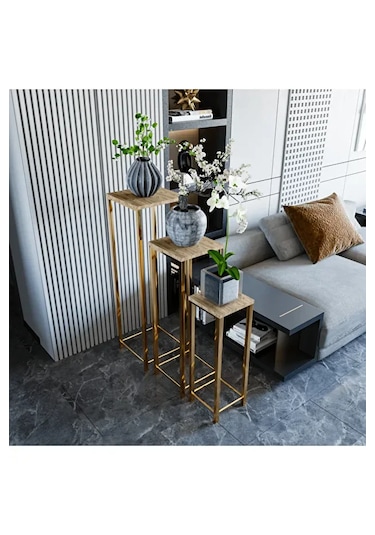 Dekoratif Saksılık 3lü Saksı Standı Gold Ayak Çok Amaçlı Metal Gold Ayaklı Yan Sehpa Saksılık Atlantik Çam