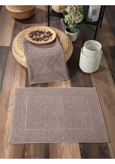 %100 Pamuk Ayak İzli Ayak Havlu Takımı Vizon