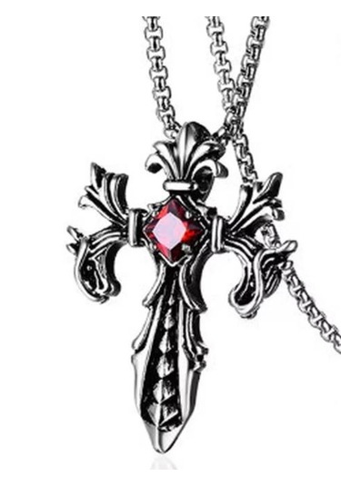 Paslanmaz Çelik Kırmızı Zirkon Taşlı Gotik Haç Kolye