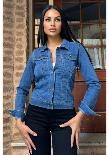 Mavi Dar Kesim, Cepli, Düğmeli, Denim Kot Ceket Mavi