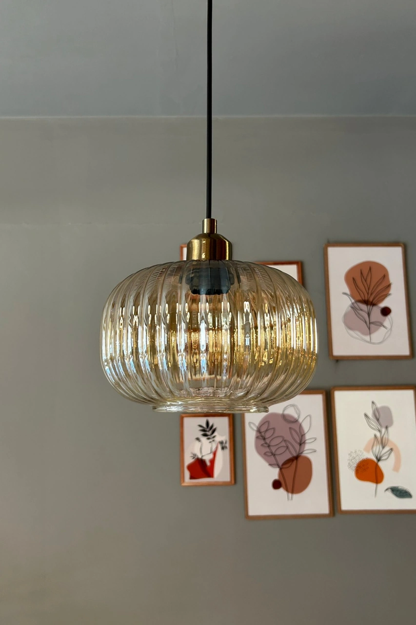 Mola Cam Bal Rengi Tekli Avize Yarım Lale Başlık Retro Sarkıt Lamba Restoran Salon Aydınlatma Bal
