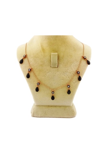 Pigado 925 Ayar Gümüş Damla Kolye Siyah Taşlı Rose Gümüş