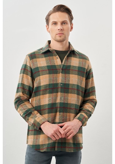 Camel Yünlü Ekose Desen Yumuşak Yaka Cepsiz Uzun Kol Casual Comfort Fit Gömlek 1004245227 Camel