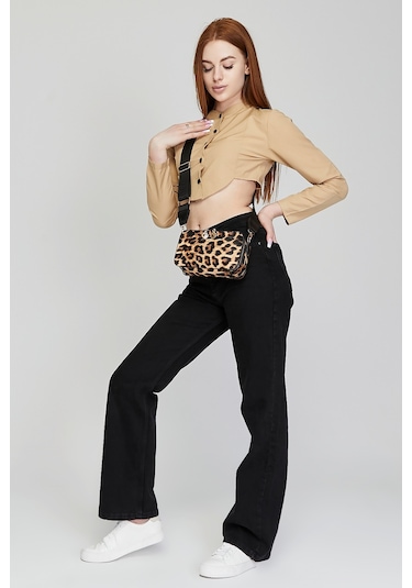 Morpelikan Leopar İki Bölmeli Kolon Askılı Kadın Omuz Çan Kahverengi