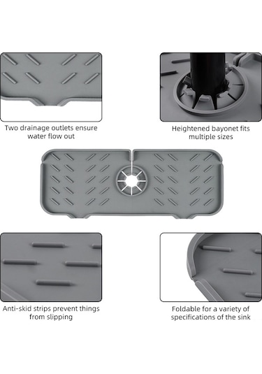 Pazly Mutfak Ve Banyo İçin Silikon Su Filtreli Kaymaz Musluk Matı - Su Sıçramasını Önler Gri Gri