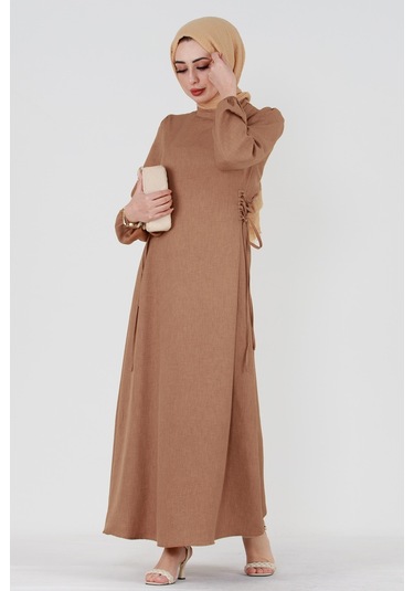 Yanı Bağcıklı Keten Elbise-vizon-3363-vizon Vizon