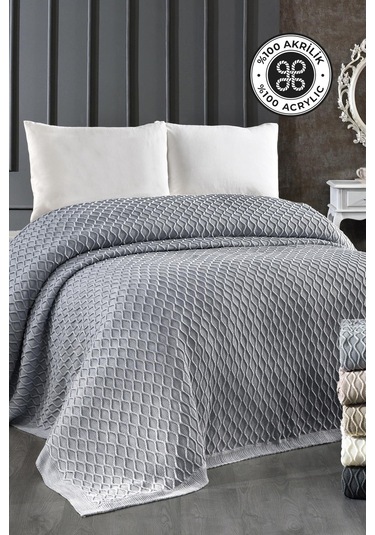 Akrilik Örgü Battaniye Çift Kişilik 220 X 240 Cm Yatak Örtüsü Pike Poly Gri