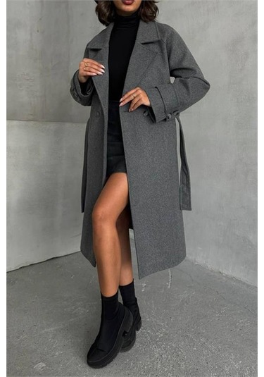 Neşeli Butik Kadın Astarlı Antrasit İthal Kaşe Kaban Nbg048 Antrasit