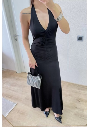 Sırt Dekolteli Uzun Elbise - Siyah Siyah