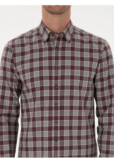 Cacharel Bordo Slim Fit %100 Pamuk Kareli Gömlek Kırmızı