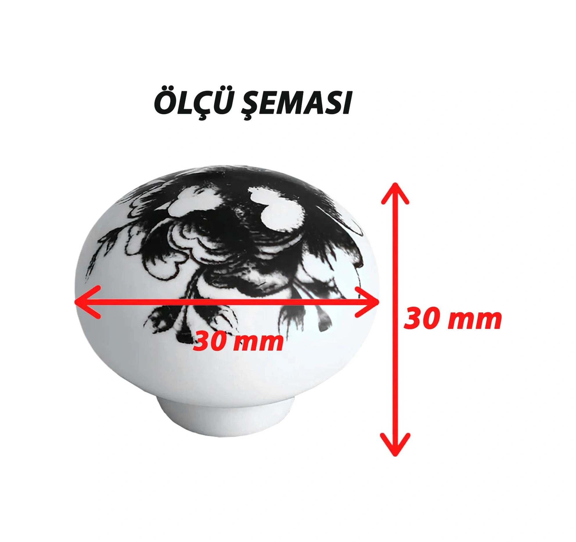 15 Adet Siyah Gül Desenli Beyaz Polimer Düğme Kulp Mantar Mobilya Mutfak Dolabı Çekmece Kulbu Kulpları