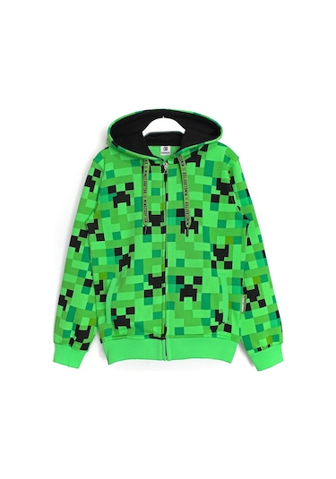 Minecraft Creeper Desenli Fermuarlı Unisex Çocuk Ceket 5 - 13 Yaş