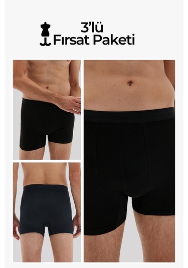 Weweus Siyah 3'lü Erkek Süper İnce Doğal Bambu Lüks Boxer 1012 Siyah