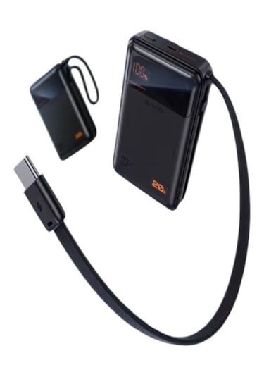 20000mah 65w Hızlı Şarj Dijital Göstergeli Type-c Kablolu/girişli Askılı Powerbank - Siyah siyah