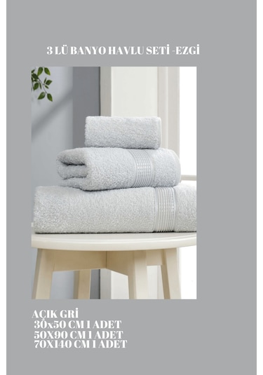 3 Parça Ekonomik Banyo Havlu Seti Pamuklu Ezgi Açık Gri