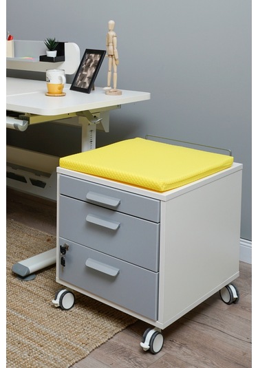 Creo Mobili Çekmeceli Kilitli Tekerlekli Vega Keson, Oturulabilir Ofis Ve Ev Komodini, Ekru/sarı