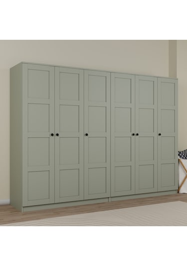 Lucas 6 Kapaklı,15 Raf Bölmeli Yüklük & Askılıklı Geniş Elbise Dolabı-gardırop Kül Yeşil Yeşil