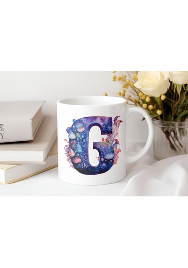 G Baş Harfi Fantastik Mantarlı Kupa Bardak - Kişiye Özel Masalsı Bardak - Hediye Beyaz