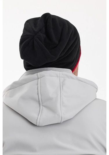 Erkek Siyah Polar Dış, Kahve Pamuklu Iç Kısım, Çift Renk Çift Katmanlı Katlanabilir Yumuşak Bere - Standart / Siyah-kırmızı Siyah-kırmızı