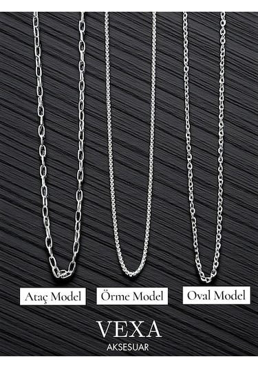 3 Lü Zincir Kolye Seti Ataç, Örme Ve Oval Model Özel Kutulu Hediyelik Set Gümüş