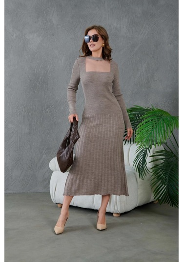 Kadın Bisiklet Yaka Tül Detay Maksi Boy Fitilli Triko Elbise Vizon