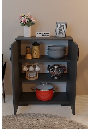 2 Kapaklı Çok Amaçlı Raflı Erzak Dolabı Mutfak Dolabı - Antrasit