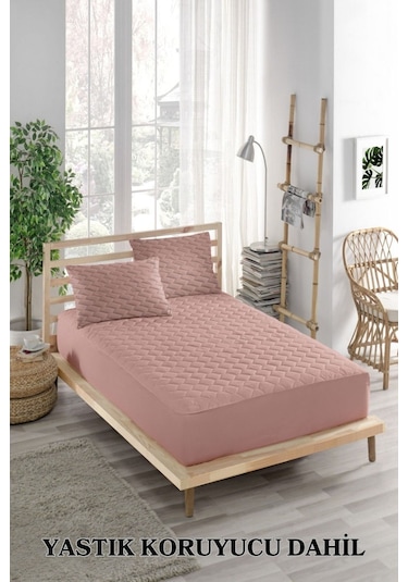 Alez Takımı %100 Pamuklu Sessiz 3 Parça Kapitoneli Yastık Alezli Pembe Çift Kişilik Pembe