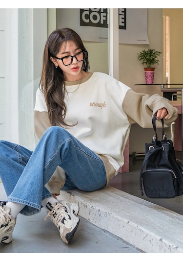 Kadın Beyaz Enough Baskılı Bej Kol Detay Oversize Sweatshirt Bej