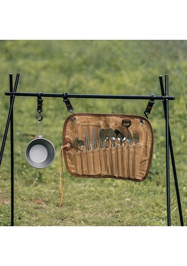 Dancemonkey Kampanya Çantası - 11 Parça Paslanmaz Çelik Yemek Takımı Çatal, Kaşık, Çubuk - Outdoor, Piknik İçin Sarı Sarı