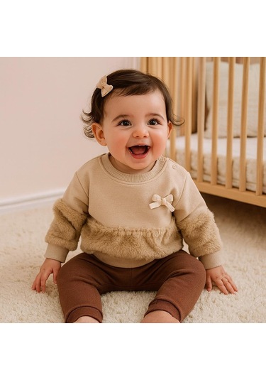 Kelebek Fiyonk Detaylı Belde Ve Kolda Peluş Detaylı Kışlık 2 Parça Takım Kahverengi