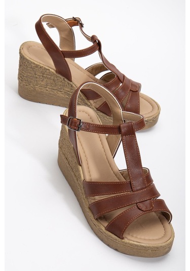 Kadın Dolgu Topuk Sandalet Ayakkabı Taba 3 Bantlı Baretli-3937 Taba