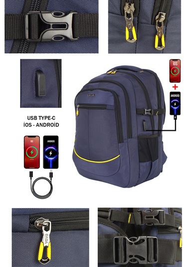 Dada 09 17,3 inç Lacivert Laptop Sırt Çantası 60 Litre Usb Typc-E Aparat Darbe Emici Koruma