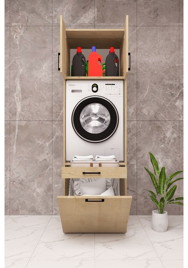 Mdf Çamaşır Makinesi Dolabı Sepetli Ahşap Lefkas Meşe