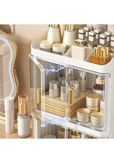 Willowhaven Cream Transparent 3 Katlı Büyük Kapasiteli Katlanır Makyaj Organizatörü Krem + Şeffaf