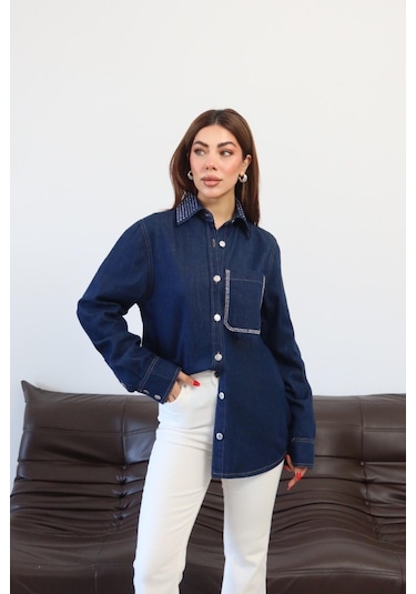 Lacarıno Lacarino 7969 Kadın Taşlı Gömlek Rınse Taşlı