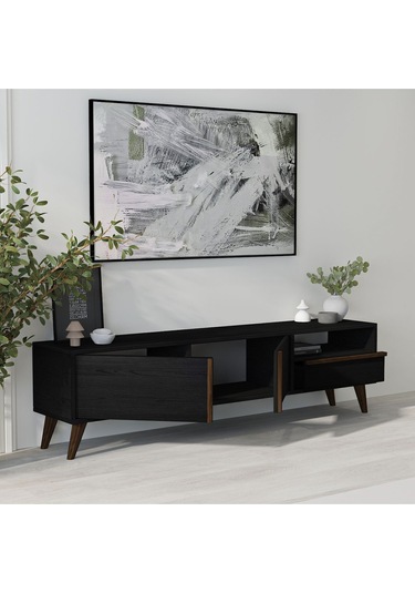 T0018 Çekmeceli, 2 Kapaklı Tv Sehpası Ahşap Siyah Ahşap Siyah