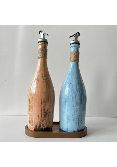 Desenli Sunum Stantlı 2'li 750 Ml Zeytinyağı Şişesi Yağdanlık
