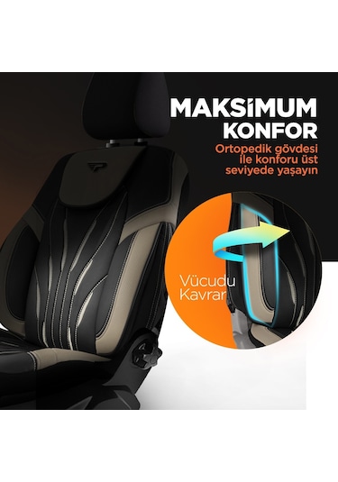 Panda Pars Serisi Deri Oto Koltuk Kılıfı - Bej - Siyah