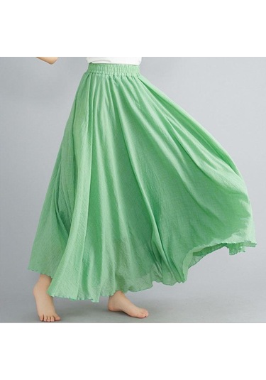 Yaz Sonbahar Kadın Etek Edebi Büyük Boy Pamuk Keten Yarım Etek Elastik Bel Keten A-line Etek Uzun Bölüm Saf Renk Rüzgar Salıncak Etek Elma Yeşili Açık Yeşil