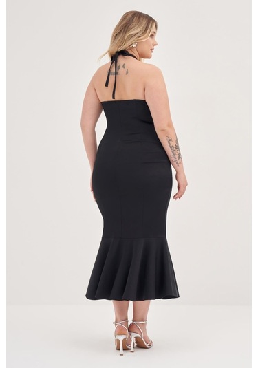 Boyundan Bağlamalı Vücuda Oturan Elbise-1779-siyah Siyah